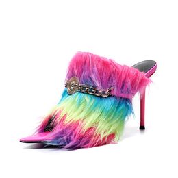 leather Ladies 2022 women stiletto high 10.5CM Genuine heels sandals Shoes Pumps slipper summer Casual peep-toes party wedding rainbow feather metal Chain size 777