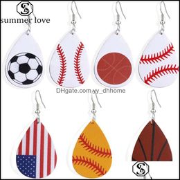 Dangle Chandelier Earrings Jewellery Fashion Sports Pu Leather Teardrop Leaf Baseball National Flag Football Dhw0W