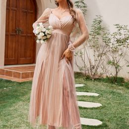 Elegant v-neck see through tulle party dress women Lantern sleeves high waist pink dresses Sexy split mesh long vestidos 220511