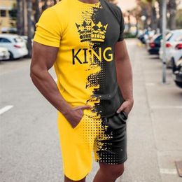 Summer Men s T Shirt Shorts 2 Piece Set Of Crown King 3D Printing Oversized Casual Street Harajuku Hip Hop Retro Round Nec 220708