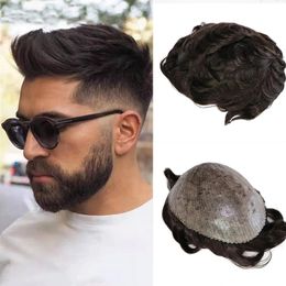 #1B Off Black Natrual Wave 100% Human Hair Thin Skin Base Toupee Durable Prosthesis Full Pu Men's Wig Replacement System Unit