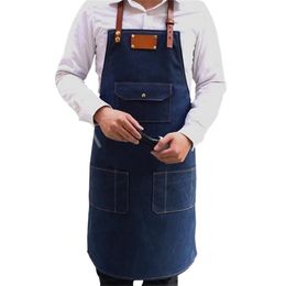 Denim Aprons Simple Cafe Chef Uniform Aprons Unisex Adult Jeans Aprons for Woman Men's Male Lady's Kitchen Cooking Pinafores 201007