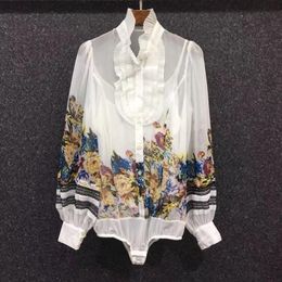 Женские блузкие рубашки XXL Blusas Feminino 2022 Весна Summer Fashion Women Elegant Floral Print с длинным рукавом белые черные топы блузки