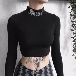 Women's T-Shirt Y2k Top E Girl Gothic Crop Turtleneck Letter Embroidery Long Sleeve Tops Harajuku Woman Tshirt Aesthetic Womens