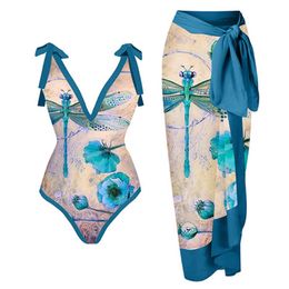 Women's Swimwear Dragonfly Print One Piece Swimsuit Elegant Butterfly Strap Design V-Neck Skinny Backless Micro Bikini And CoverUp Set 2022