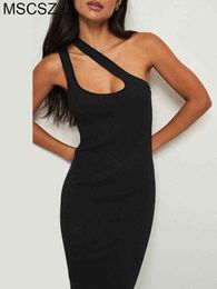 Hollow Out One Shoulder Bodycon Dress Ribbed Knit Short Summer Dress 2022 Sleeveless Backless Tight Sexy Black Dress T220816