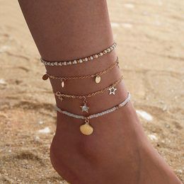 Anklets Trendy Crystal Star Beaded Layered For Women Bohemian Shell Geometry Metal Anklet Set Jewelry 15406 Roya22
