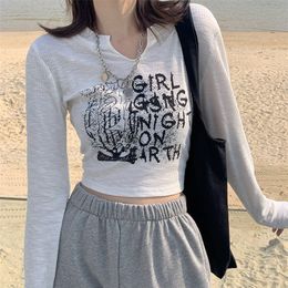 Y2K Long sleeved T shirts Women Letter Print Slim Tops Gray Autumn Sexy Harajuku V neck Tees fairy grunge Black White Cloth 220728