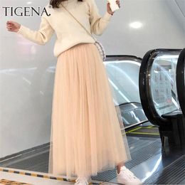 TIGENA 98cm Long Maxi Tutu Tulle Skirt for Women Fashion Korean Casual High Waist Pleated Mesh Female All Seasons 220322