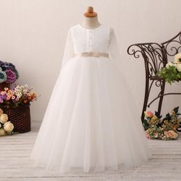 Girl's Dresses Ivory White First Communion Dress For Girls Long Sleeve Lace Puffy Tulle Flower Girl Custom MadeGirl's