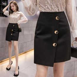 Skirts Elegant Black Skirt For Women 2022 Korean Style Asymmetrical Bodycon Button Decoration High Waist SkirtSkirts