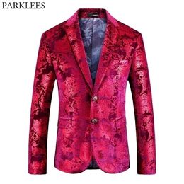 Mens Red Floral Blazer Jacket Brand Single Breasted Two Button Velvet Suit Blazer Men Party Wedding Prom Stage Costumes 201104