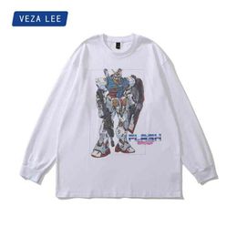 Veza x Tkpa Men's Autumn Winter Couple's White Long Sleeve T-shirt Robot Print Round Neck Pullover Men