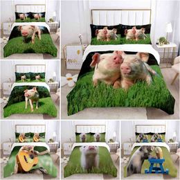 Pig Duvet Cover Set Queen Size Cute Animal Theme Twin Bedding Farm 2/3pcs Quilt for Kids Boys Girls Teens