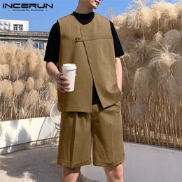 Men Sets Solid Colour One Button Streetwear Sleeveless Vests Shorts Two Pieces Fashion Casual Suits S 5XL INCERUN 220708