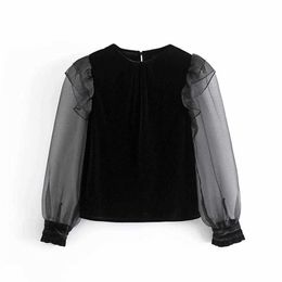 Women Contrast Velvet Blouse Mesh Long Puff Sleeves Fashion Chic Casual Woman Blouse Shirt Tops Femme Mujer blusas 210709