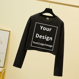 Summer Women Long Sleeve Crop T shirts Diy Your Own Design Customised Picture for Casual Cotton O neck Cropped Tops 220614