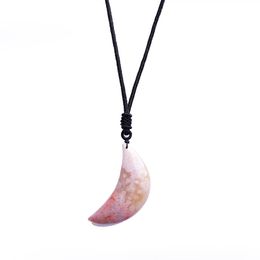 Natural crystal cherry blossom agate moon leather rope pendant arts rough stone carving necklace fashion jewelry