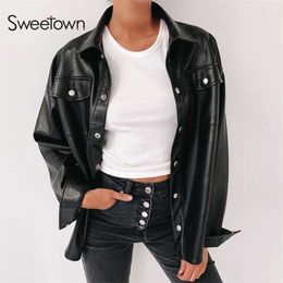 Sweetown Black Faux Leather Blouses Shirt Women Streetwear Covered Button Turn Down Collar Ladies Blouses Manches Bouffantes 201201