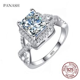 PANASH Genuine Sterling Silver Ring Fashion Square Clear Cubic Zircon Wedding Band Trendy JewelryLR065