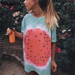 Womens Watermelon Tie-dye Printed Casual Long T-shirt Loose Vacation Beach Street Style T Shirts Women Summer Oversize 210702