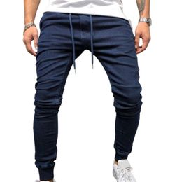 Casual Men Jeans Drawstring Solid Colour Denim Mid Waist Ankle Banded Pencil Trousers Plus Size Men Denim Pants pantalones hombre