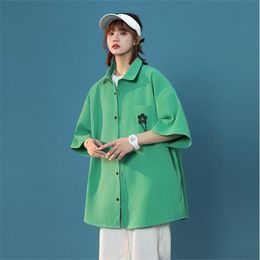 Women's Blouses & Shirts Summer Short Sleeve Waffle Shirt Women Chic Green Ladies Single Breasted Blouse Male Oversize Coat Couples TopsWome