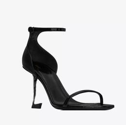 Factory sale Luxurious Women sandals high heels shoes Lady Heeled Sandal Opyum amber black patent leather buckle ankle strap shoe square toe 35-42