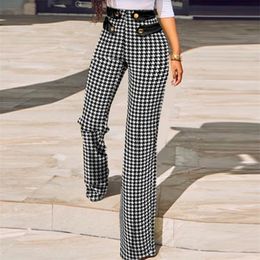 Women Autumn Slim Bodycon Trousers Spring High Waist Buttoned Office Suit Pants Houndstooth Plaid Print Straight Mujer 220325