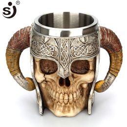 SJ Double Stainless Steel Skull Mug Beer Stein Tankard Coffee Tea Water Cup Knight Halloween Bar Drinkware Gift Y200104