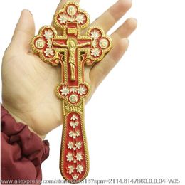 Pendant Necklaces Red Enameled Golden Color Zinc Alloy Altar Hand Blessing Prayer Cross Orthodox CrucifixPendant