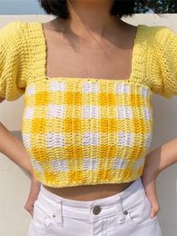 Damenpullover Wsevypo Vintage 90er Jahre Strickpullover Crop Tops E-Girl Ästhetische Frauen Mädchen Kurze Puffärmel Quadratischer Ausschnitt Plaid JumpersWome