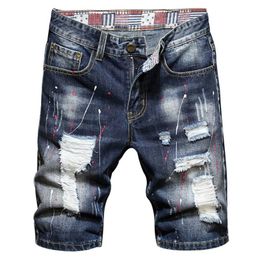 Men's Jeans Painted Holes Ripped Denim Shorts Summer Blue Slim Straight Knee Length Breeches