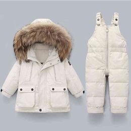 Children Suit Down Jacket New Baby Jarretel Pants Large Wool Collar Cotton Quilted Jacket Suit Boys And Girls' Winter Clothing J220718