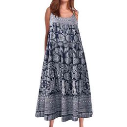 Women Boho Style Sleeveless Floral Print Spaghetti Straps Large Hem Loose Leisure Long Dress L220705
