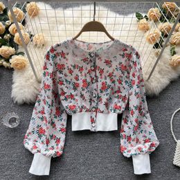 Women's Blouses & Shirts Korean Chic Small Broken Flower Lace Doll Collar Closed Waist Thin Short Bubble Sleeve Spring And Summer WesternWom