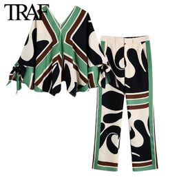 TRAF ZA Plus Size V-neck Bow Print Shirt Chic Ladies Tops Mujer Silk Satin Side Pocket High Waist Straight Pants 2-piece Set 220621