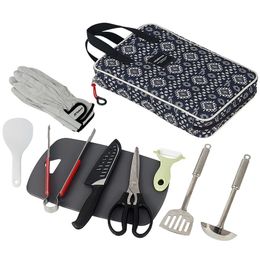9 Piece Camp Kitchen Cooking Utensil Set Travel Organiser Grill Accessories Portable Compact Gear for Backpacking BBQ Camping Hiking Travel Cookware Kit