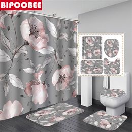 Pink Big Flower Print Shower Curtain European Style Waterproof Bathroom Curtains Home Decoration Non-Slip Rugs Bath Mat Set 220517