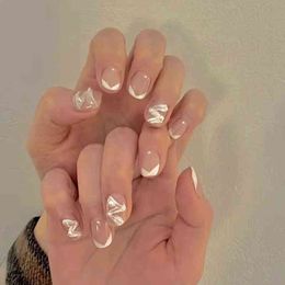 french manicure fake nails UK - French Style Pearl Fake Nail with White Edge Design Short Paragraph Manicure False Nails Removable Full Finished Press on Nail W220413