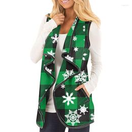 Women's Vests 2022 Womens Open Front Vest Plaid Sleeveless Jacket Pockets Ladies Christmas Snowflake Print Coat Lapel Autumn Tops Gilet Femm