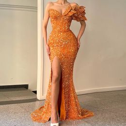 Orange Luxury Prom Dresses Sequined High Split Hot Gorgeous Mermaid Gowns Celebrity Party Evening Dress Robe De Soiree Custom Made Plus Size