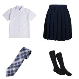 Clothing Sets Japanese JK Uniform White Shirts Short Sleeves Navy Blue Pleated Skirt Grid Tie School Dress Suits With Stockings For GirlClot