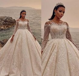Sexy Ball Gown Wedding Dresses Appliques Bateau Long Sleeves Tulle Appliques Sequins Beads Lace Ruffles Floor Length Princess Plus Size Custom Made