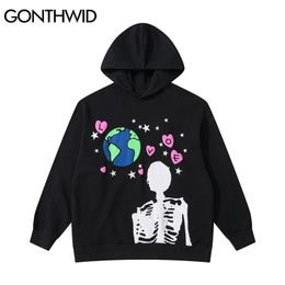 GONTHWID Hip Hop Hoodie Sweatshirt Streetwear Earth Skeleton Print Punk Gothic Hooded Winter Harajuku Cotton Pullover Black 220406