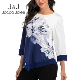 Jocoo Jolee Summer 3/4 Sleeve Casual Irregular Hem Block Color Tops and Blouse Summer Floral Print Chiffon Blouse Lady Shirt 5XL 210326