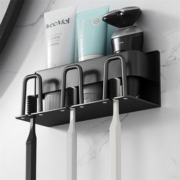 Toothbrush Holder Bathroom Toothpaste Storage Rack With Cup Wall Mounted Razor Stand Organiser Shelf Accessories 220401
