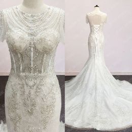 Crystal Mermaid Wedding Dress 2022 Beaded Lace Bridal Wedding Gowns Bride Dresses With Short Sleeve Real Image