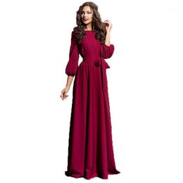 Women Solid Color Round Neck Lace Up Long Dress Ladies Party Bridesmaids Boho Maxi Dresses Elegant Robe Longue Femme Clothing Casual