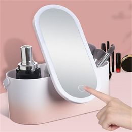 Portable USB Makeup Mirror Organiser Box With LED Light Travel Cosmetics Touch Storage Case 2# 220509